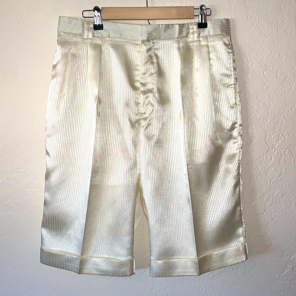 Vintage Vitaliano Mens Satin Pleated Dress Shorts Pinstripe Retro Ivory S Large